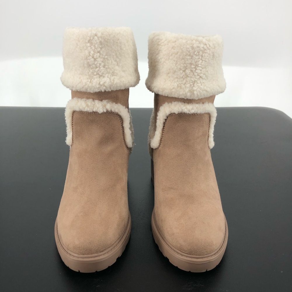 JustFab Taupe Ellie Faux Sherpa Trim Lug Sole Bootie - Picture 4 of 12